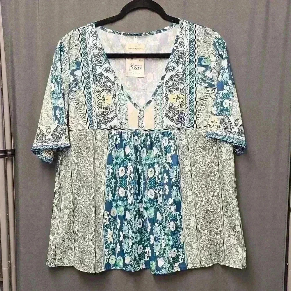 Blue Floral Blouse Size L For Women - Picture 2 of 4